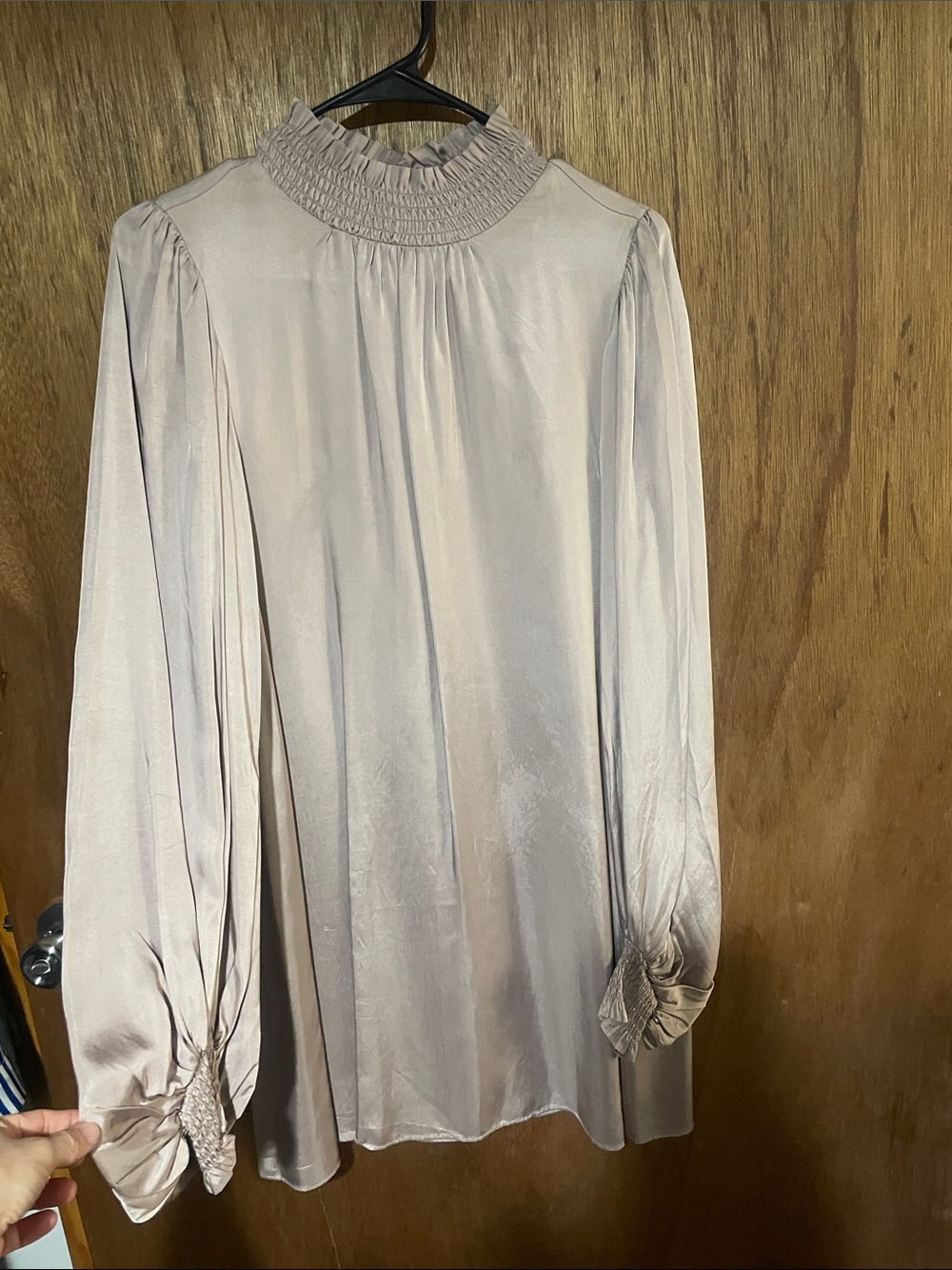 H&M Satin High-Neck Long-Sleeve Blouse — Light Taupe